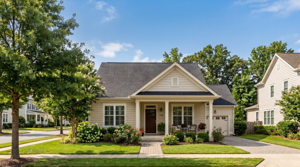 A beige suburban home with a dark roof and a landscaped yard is shown.