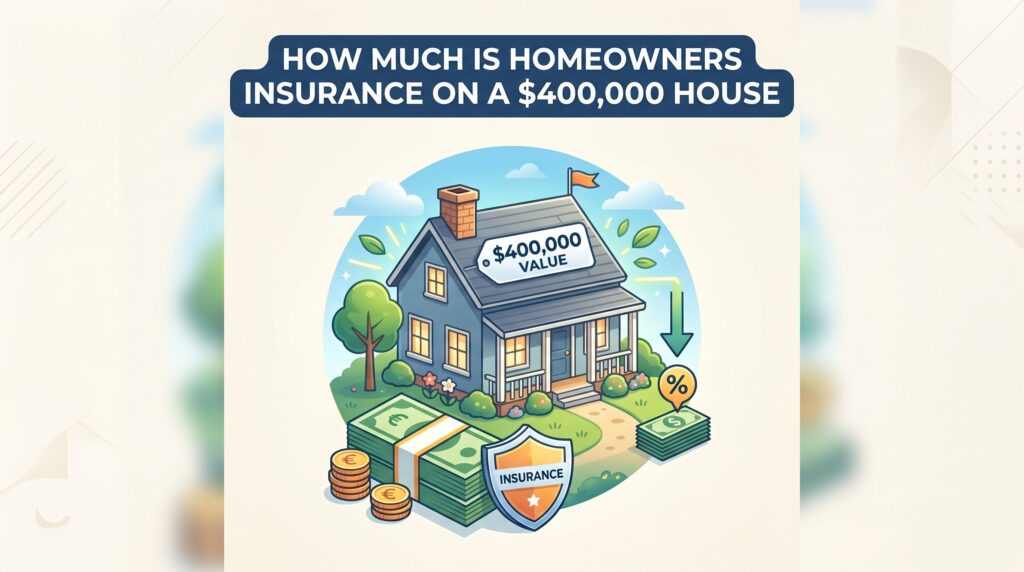 Graphic asking about homeowners insurance costs for a $400,000 house, with cash and a shield icon.