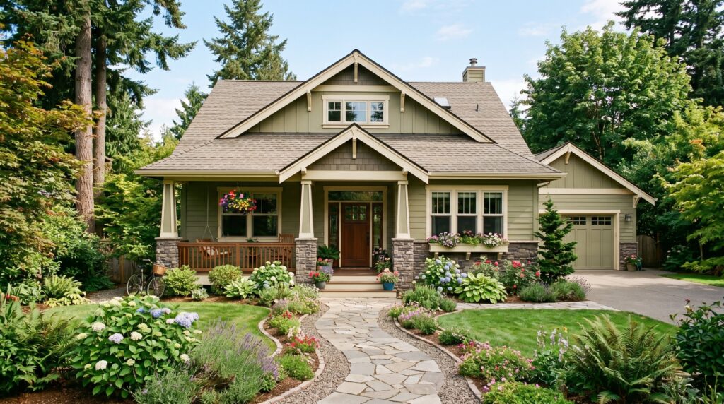 What Do You Need to Buy a House? The 90-Day Roadmap A single-family house with a green exterior, a stone path, and a lush garden.