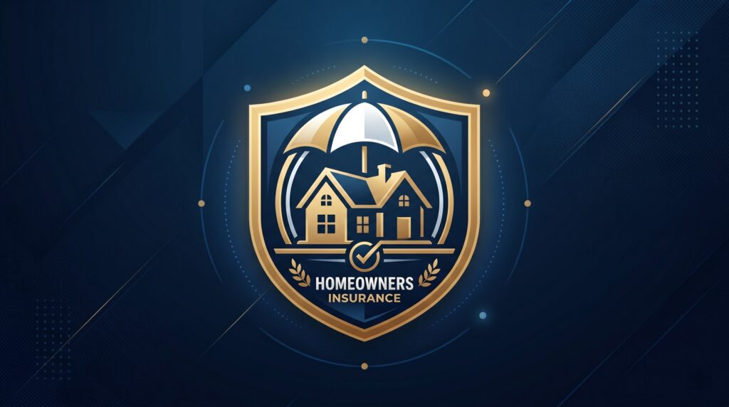 A golden shield icon features a house under an umbrella, representing homeowners insurance.