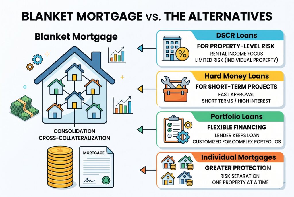 An infographic comparing blanket mortgages to DSCR, hard money, portfolio, and individual loan options.