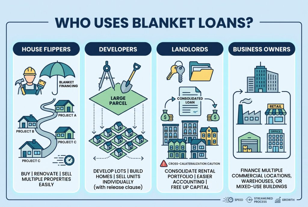 An infographic showing how house flippers, developers, landlords, and business owners use blanket loans.
