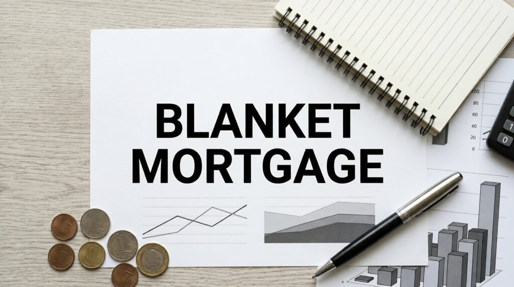 Blanket Mortgage: Finance Multiple Properties in 2026 A document labeled "BLANKET MORTGAGE" with a notebook, pen, and coins, representing real estate financing.