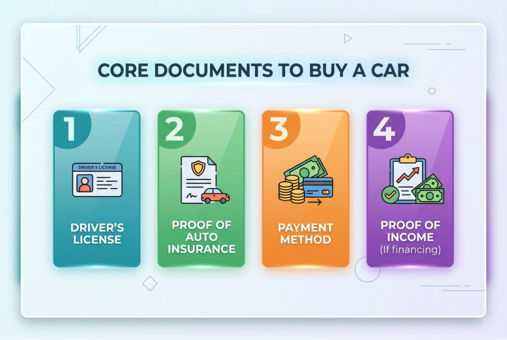 Infographic listing four core documents required to buy a car: license, insurance, payment, and income. 