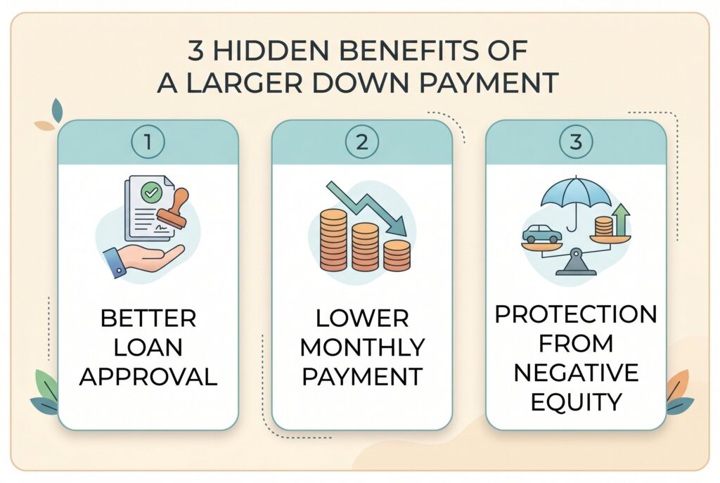 Infographic listing three hidden benefits of a larger down payment: better loan approval, lower monthly payments, and protection from negative equity.