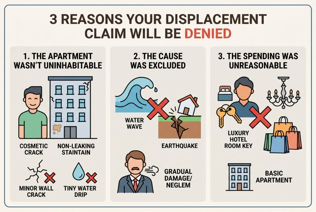 An infographic showing three reasons a displacement claim may be denied, such as the unit being habitable.