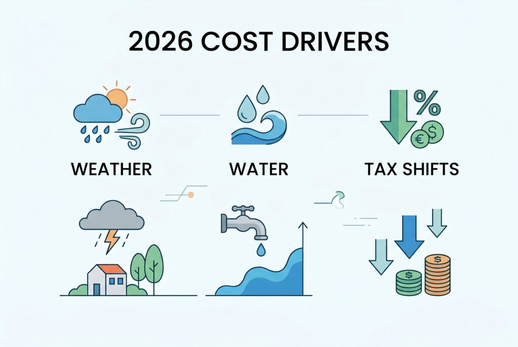 An infographic illustrating weather, water, and tax shifts as 2026 cost drivers.