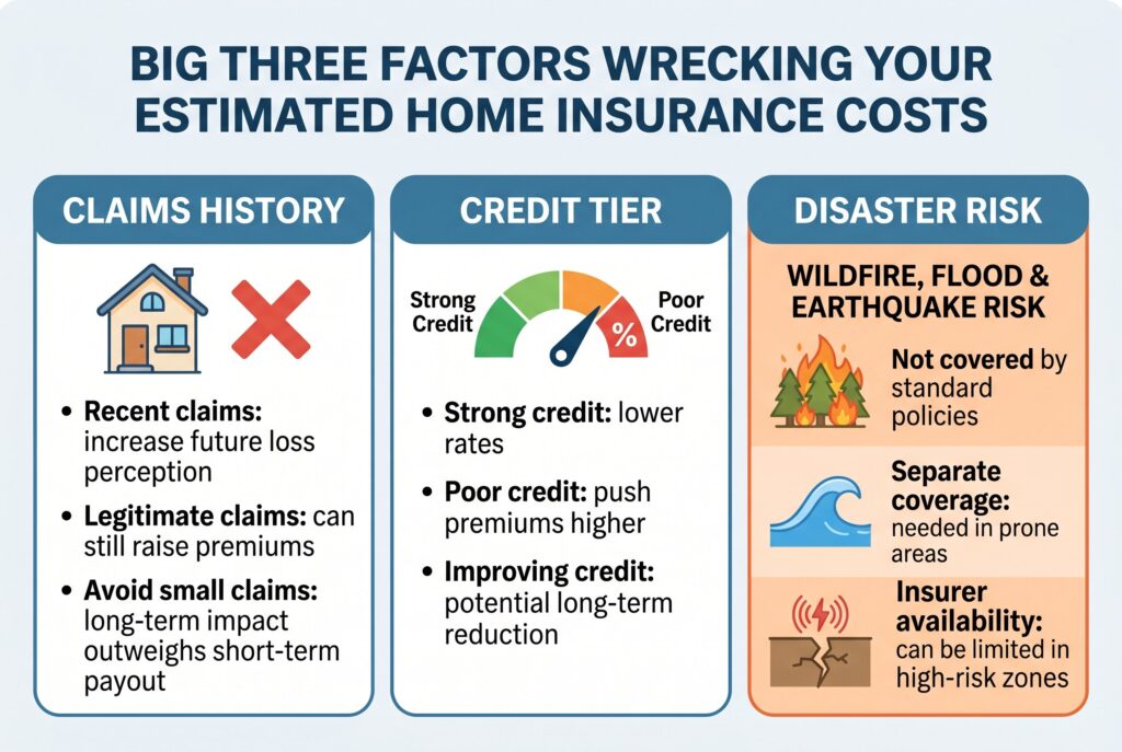 Infographic showing three factors that affect home insurance costs: claims history, credit, and risk. 