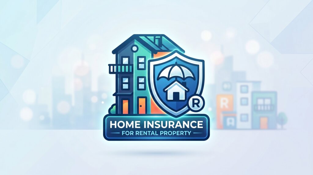 An icon featuring a house and a protective shield with an umbrella, labeled "Home Insurance for Rental Property."