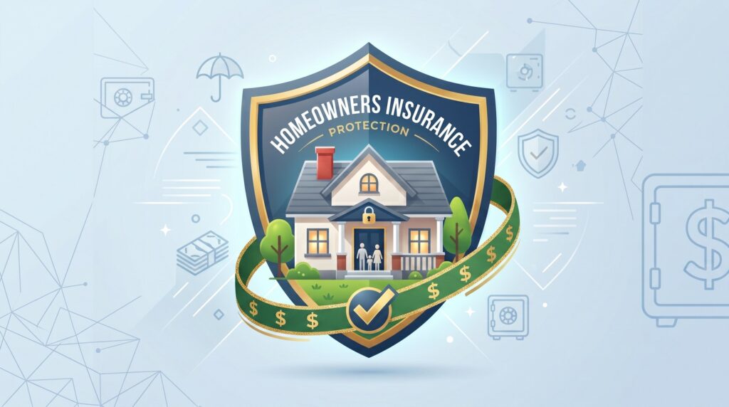 How Much Homeowners Insurance Do I Need? 2026 Calculation Guide A shield icon features a house and a family, representing homeowners insurance protection.