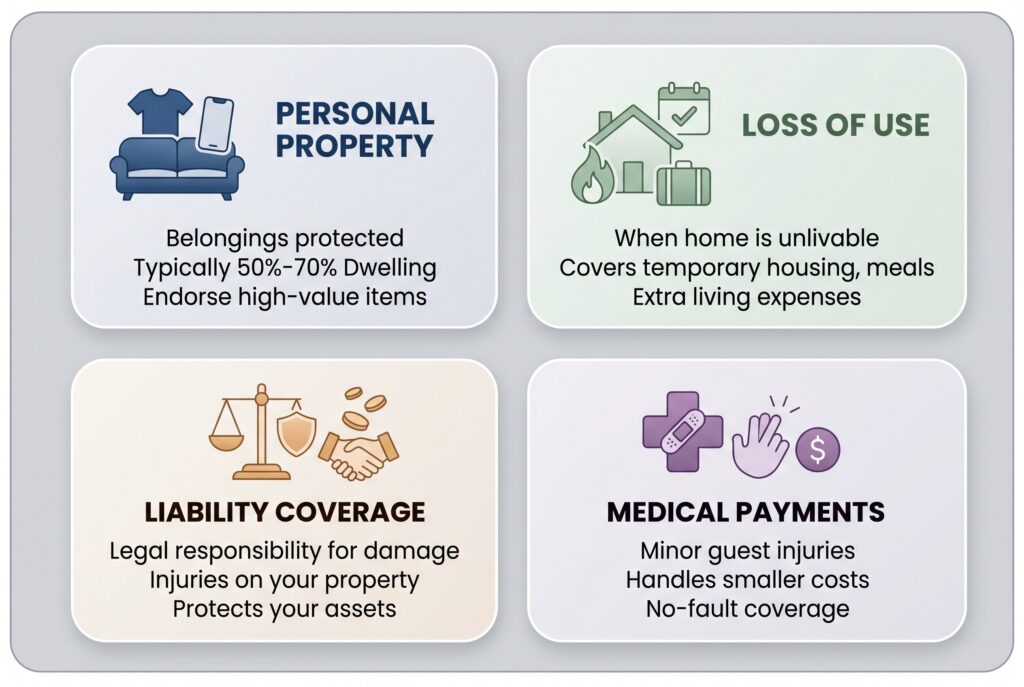 Infographic details home insurance coverage types: personal property, loss of use, liability, and medical. 