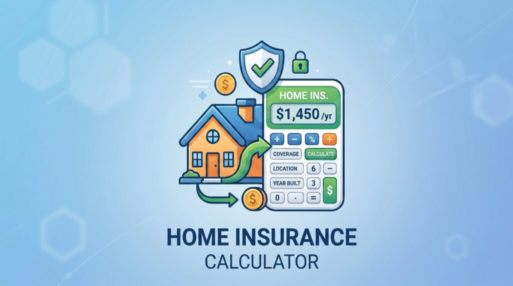 A calculator displays $1,450/yr, representing a home insurance cost calculator.