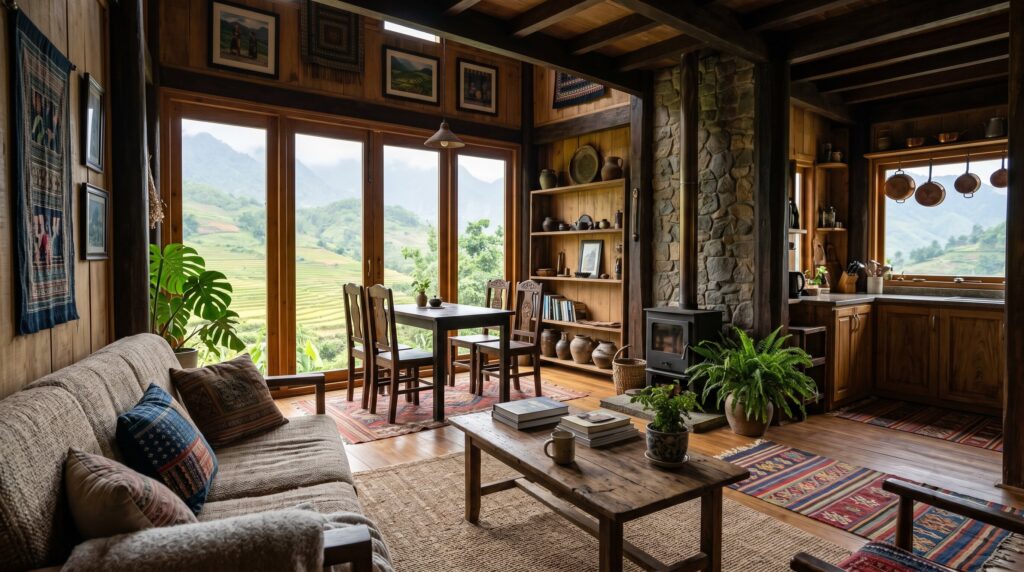 How Much Money Do You Need to Buy a House? Do The Math Rustic living room with a sofa, wood stove, and large windows overlooking scenic green mountain terraces.