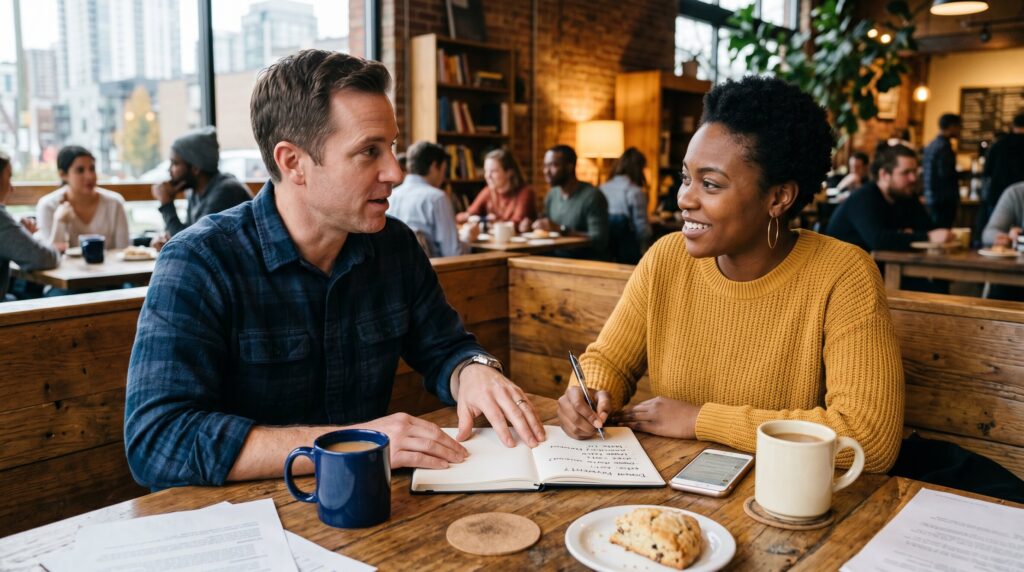 How Much Down Payment for a Car? 2026 Averages and The 20% Rule A man and woman are sitting at a table in a cafe working on a notebook, discussing about down payment on a car.