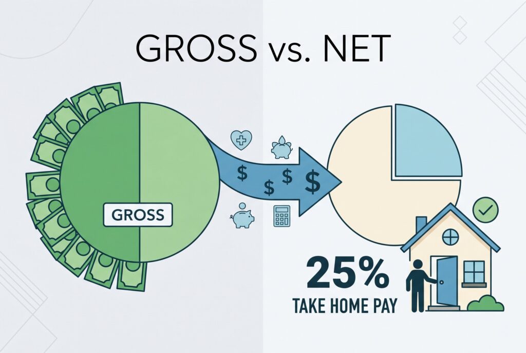 Infographic showing gross income reduced by deductions to net take-home pay, with 25% allocated to housing.