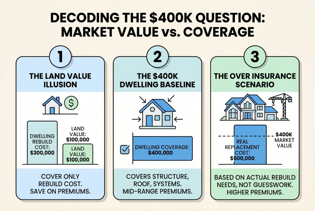 Infographic explains the difference between market value and insurance coverage for a home. 