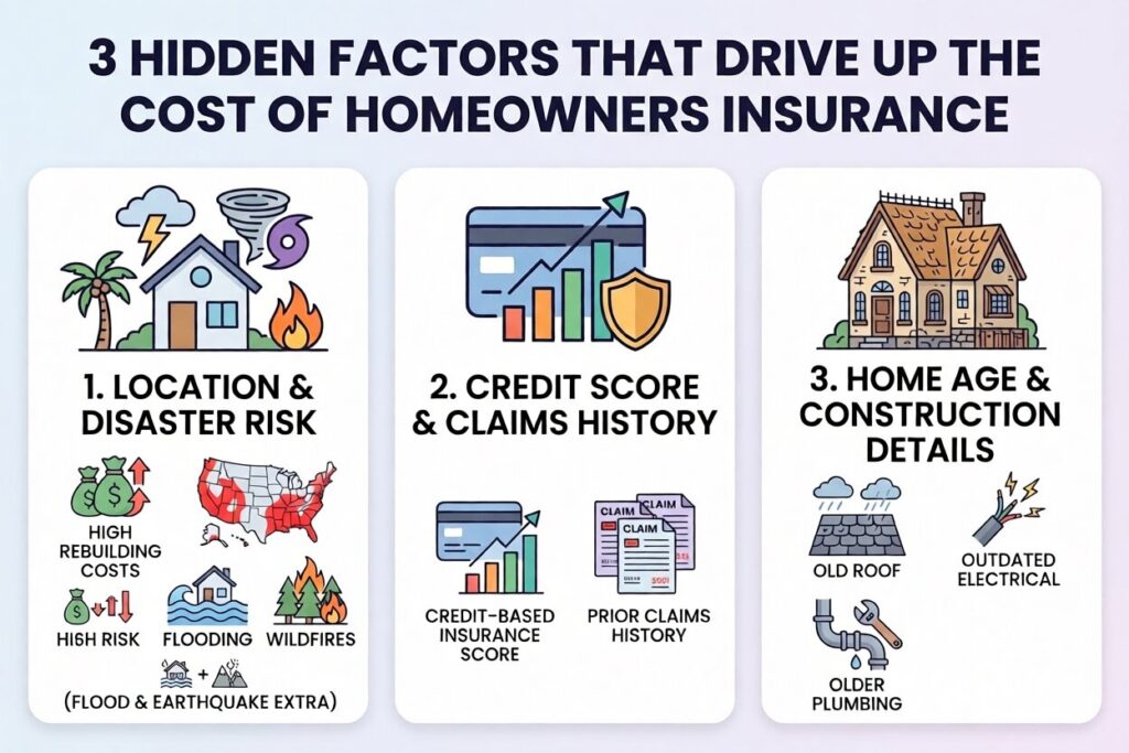 Infographic shows three factors driving up homeowners insurance costs: location, credit, and home age. 
