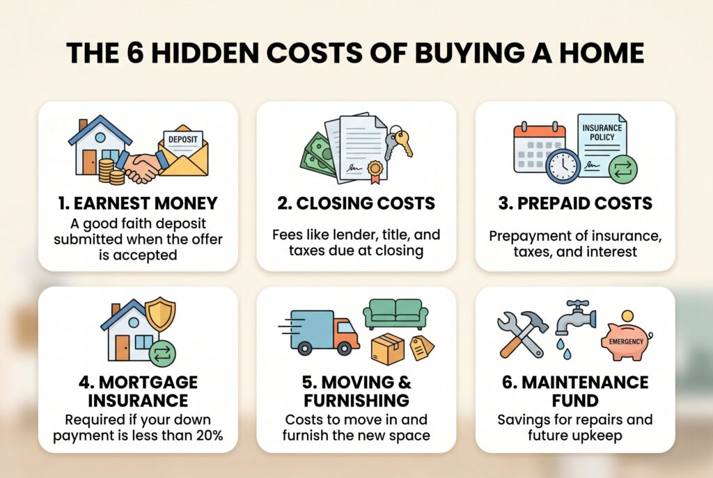 Infographic showing 6 hidden home buying costs like earnest money, closing fees, moving, and maintenance.