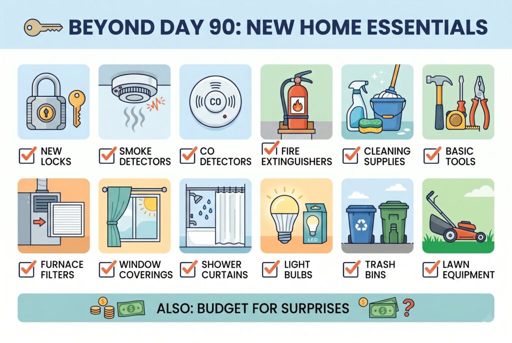 An infographic listing essential items to purchase for a new home after closing.