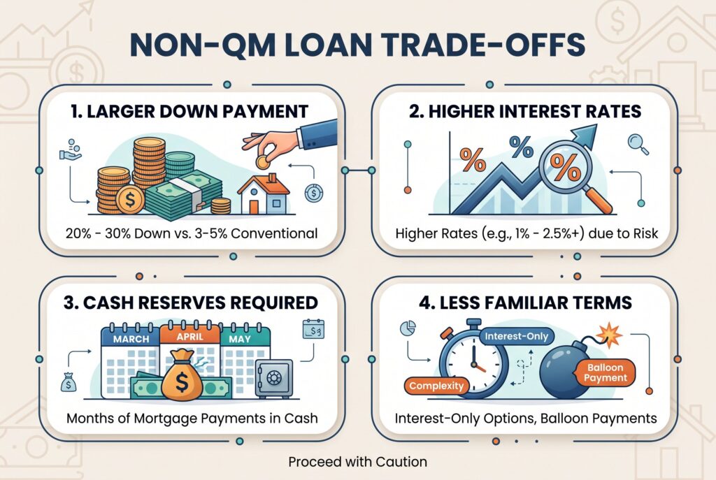 Infographic showing four trade-offs of non-QM loans: higher down payments, interest rates, reserves, and terms.