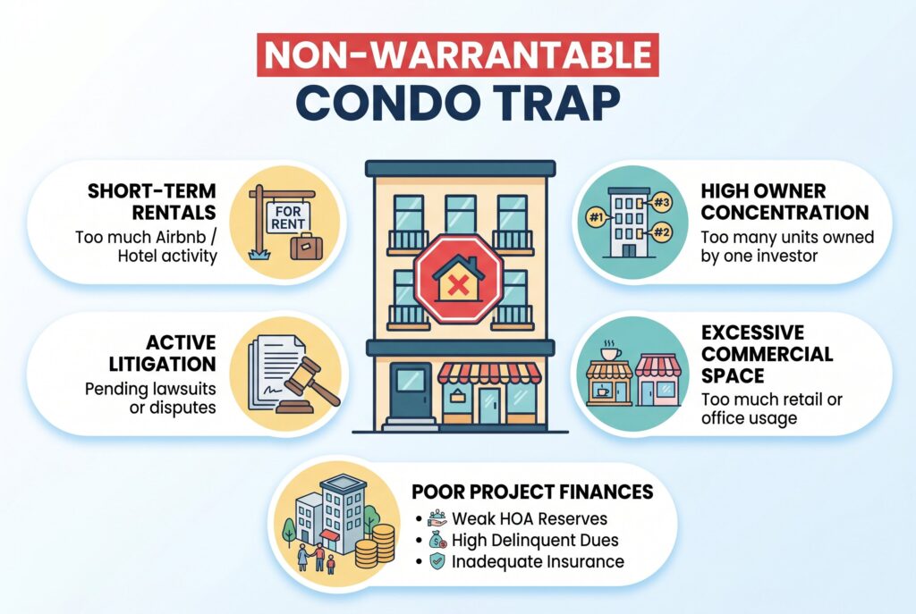 Infographic outlines five factors that make a condominium non-warrantable, including short-term rentals.