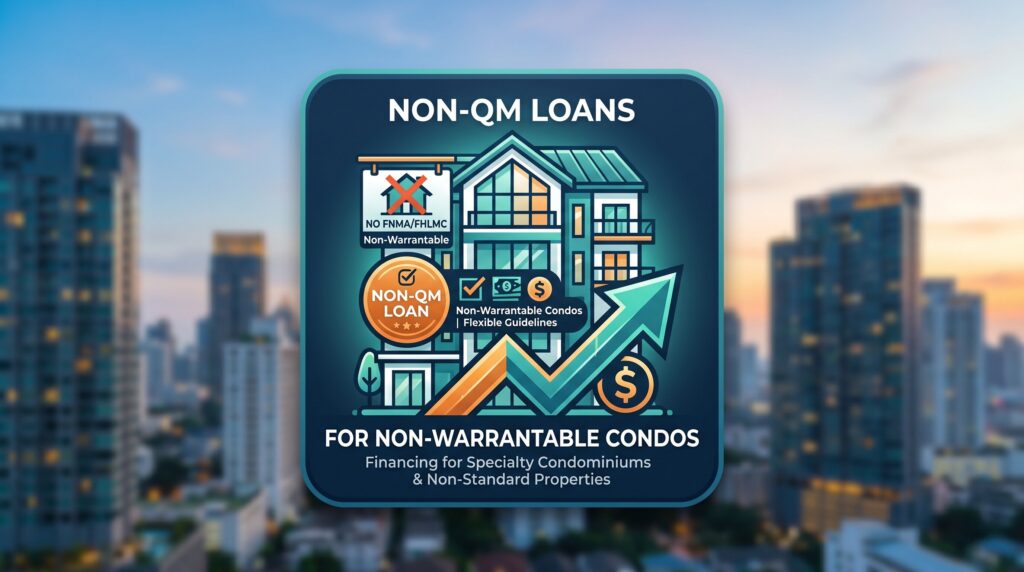Non-QM Loans for Non-Warrantable Condos: 2026 Approval Path A graphic promotes non-QM loan financing options for non-warrantable condominiums.