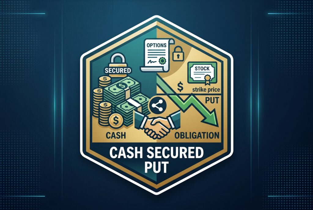 Badge graphic illustrating a cash secured put strategy, featuring stacks of cash, stock documents, and a handshake.