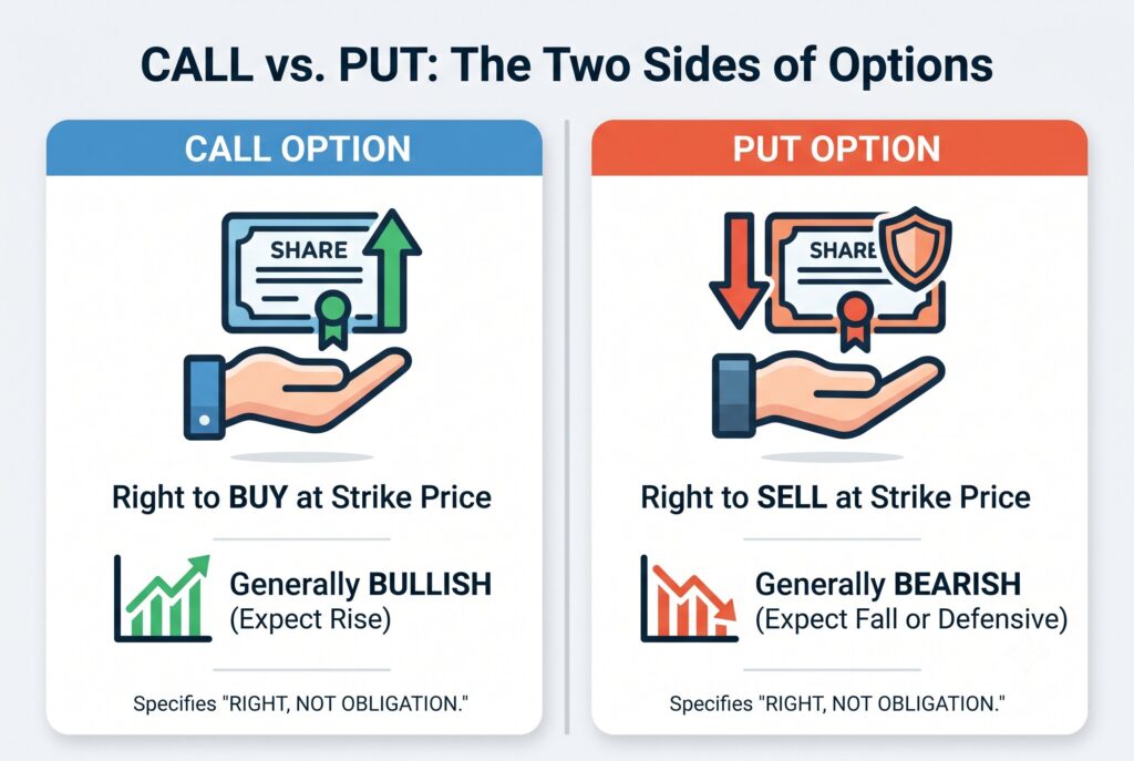 Comparison chart detailing the core differences between call and put options regarding rights and market bias.