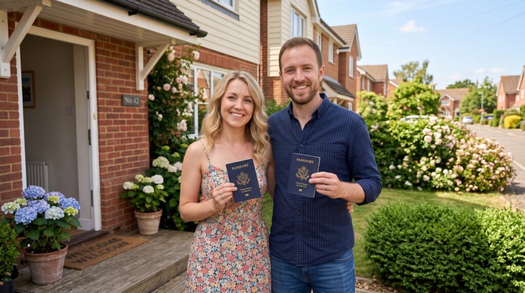 Holiday Home Insurance: 2026 Short Term Rental Costs A couple holding passports in front of a brick house.