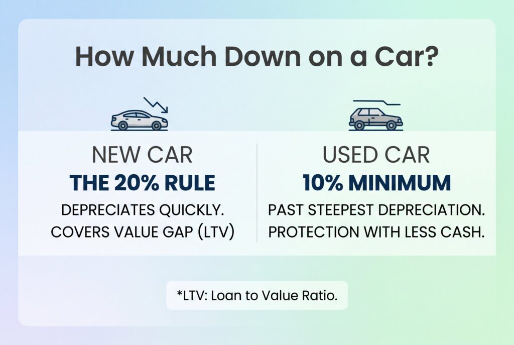 Infographic explaining down payment rules: 20% for new cars and 10% for used cars.