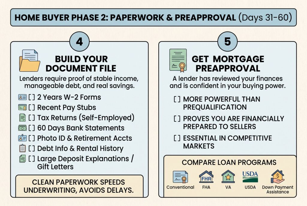 An infographic outlining the paperwork needed for mortgage preapproval.