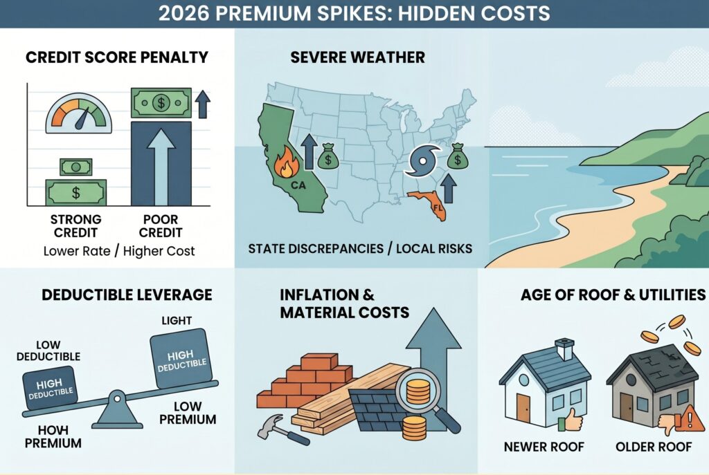 Infographic illustrates factors behind 2026 home insurance premium spikes and hidden costs. 