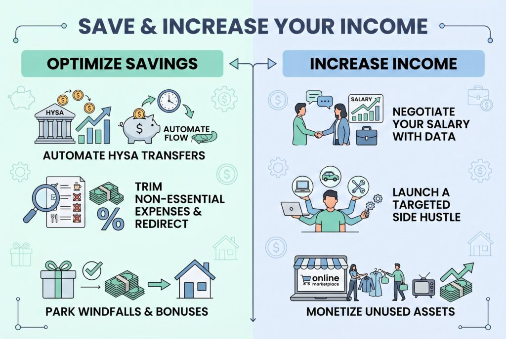 Infographic on optimizing savings and increasing income via automated transfers, budgeting, and side hustles.