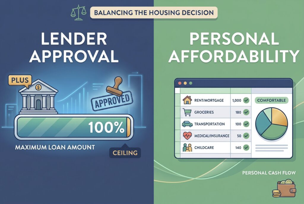 Infographic contrasting a lender's maximum loan approval against personal affordability using a monthly budget.