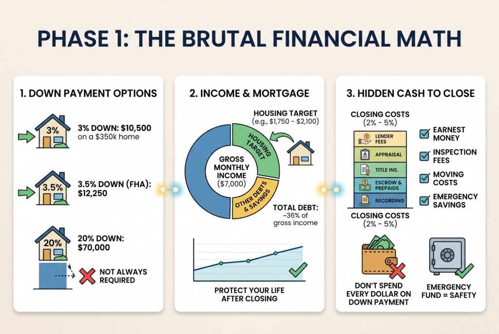 An infographic showing the financial requirements for buying a home, including down payments and closing costs.