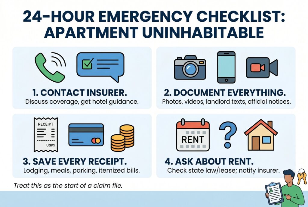 An infographic listing the "24-HOUR EMERGENCY CHECKLIST" for when an apartment becomes uninhabitable.