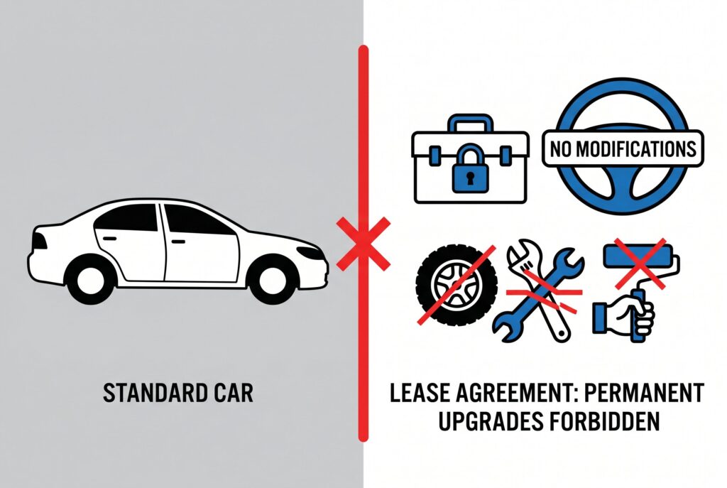 Illustration of a white car next to a red X, symbolizing that permanent modifications are forbidden on leases.