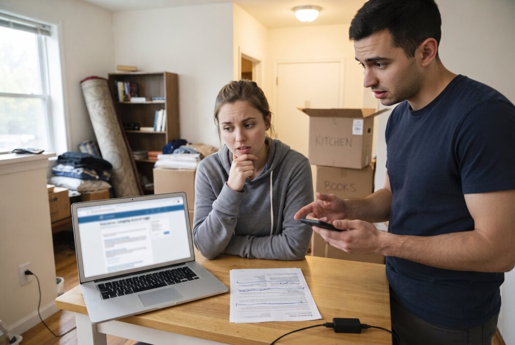 A man and woman discuss documents on a laptop in a living room filled with moving boxes.