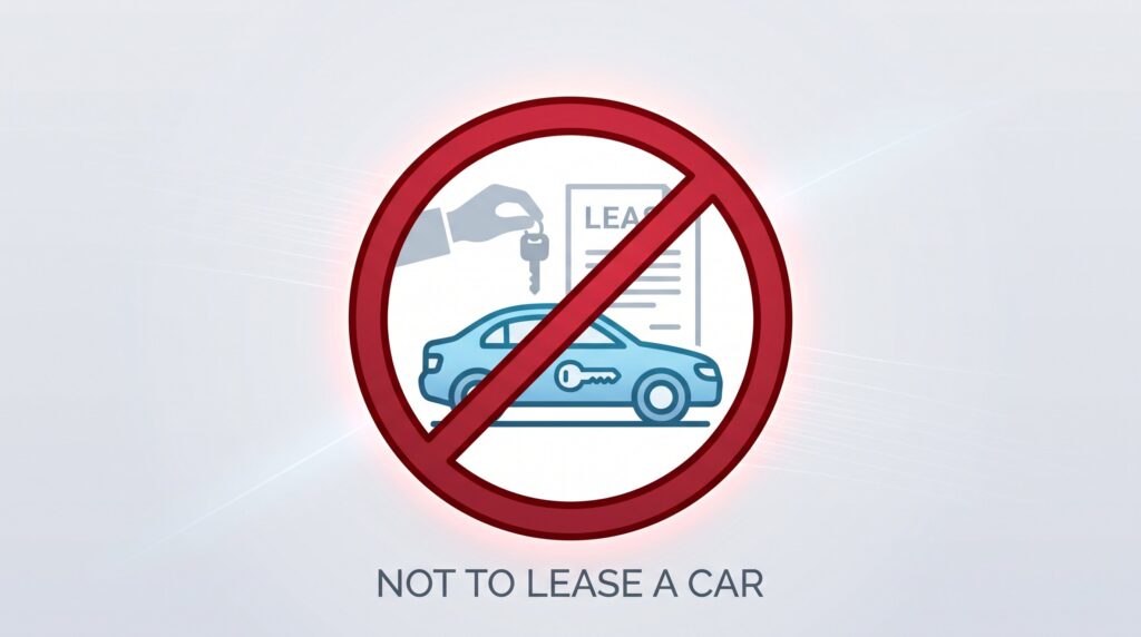 10 Reasons Not to Lease a Car: Dealer Secrets 2026 A man signing car lease paperwork at a desk with a dealership employee, with a blue car in the background.