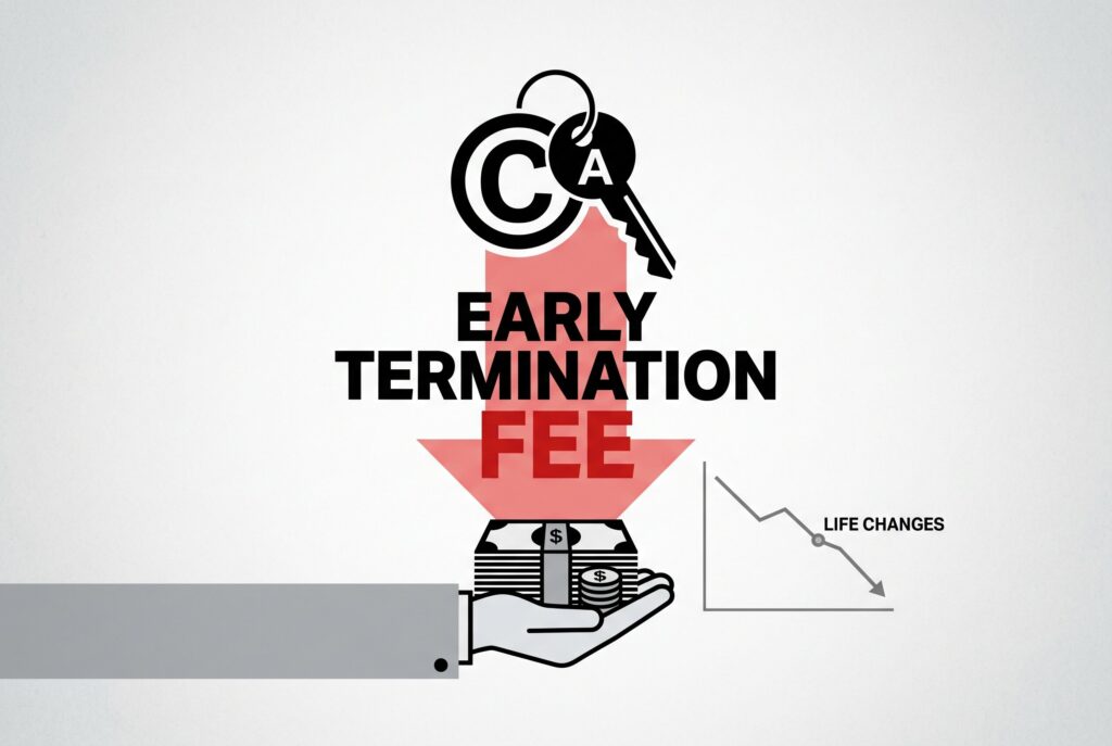 Graphic showing a key, downward arrow, and chart to warn about early termination fees and life changes.