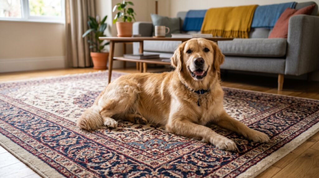 A golden retriever lying on a patterned rug in a living room.