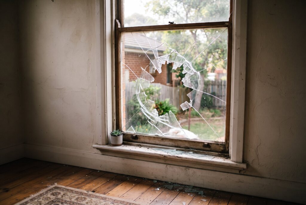 Broken window pane with spiderweb cracks in an old room, showing a backyard and brick house outside. 