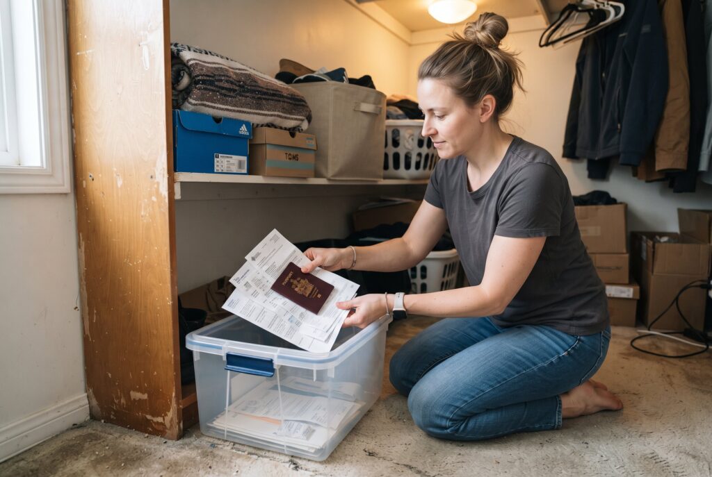 A woman kneels on a carpeted floor in a closet, placing documents and a passport into a clear plastic storage box. 