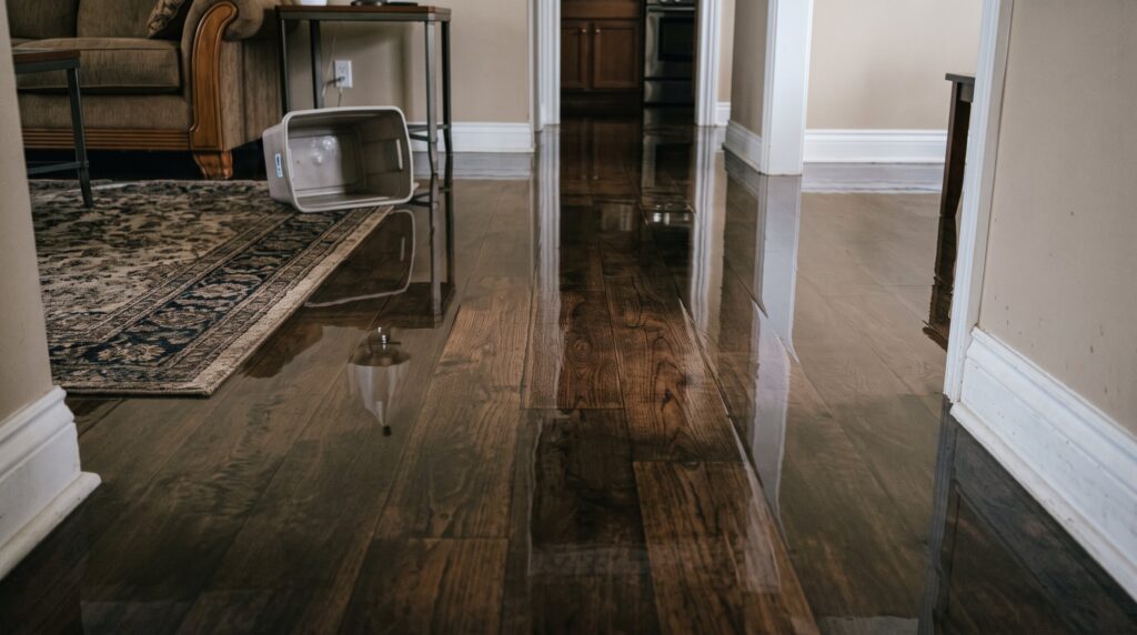 An apartment living room and hallway flooded with water.