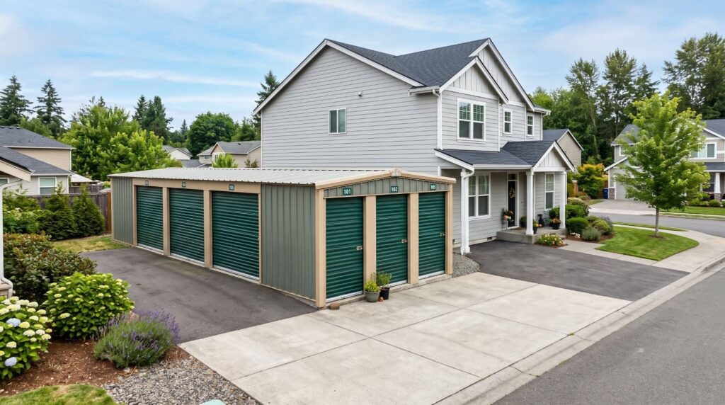 Does Renters Insurance Cover Storage Units? The 10% Cap A residential house with a row of attached storage units featuring green roll-up doors.