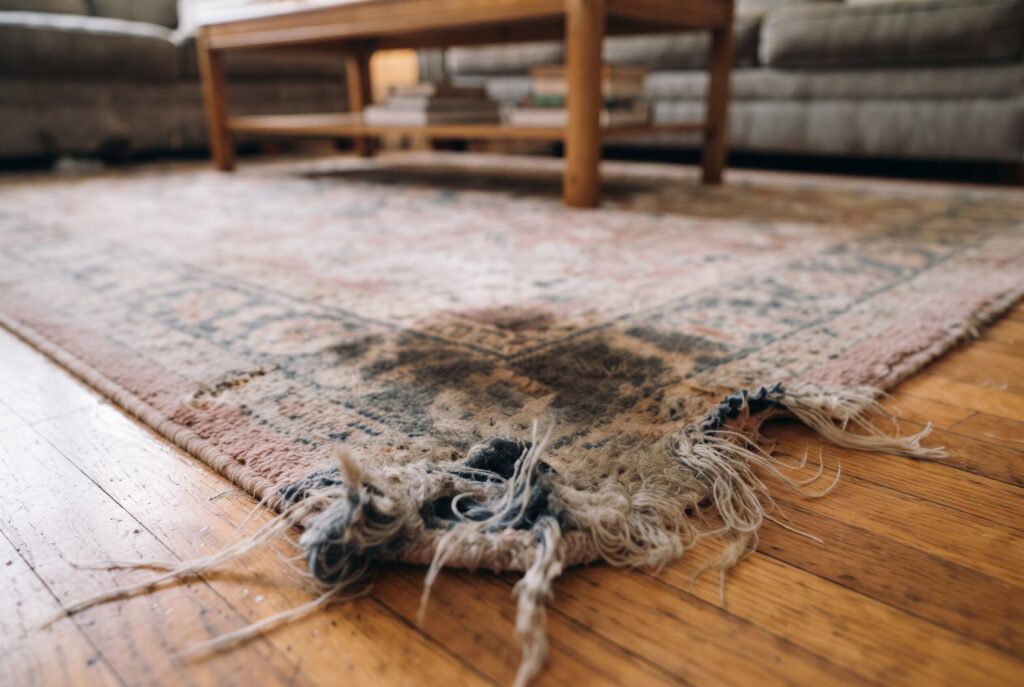 Close-up of a heavily damaged and frayed vintage rug on a wooden floor. 