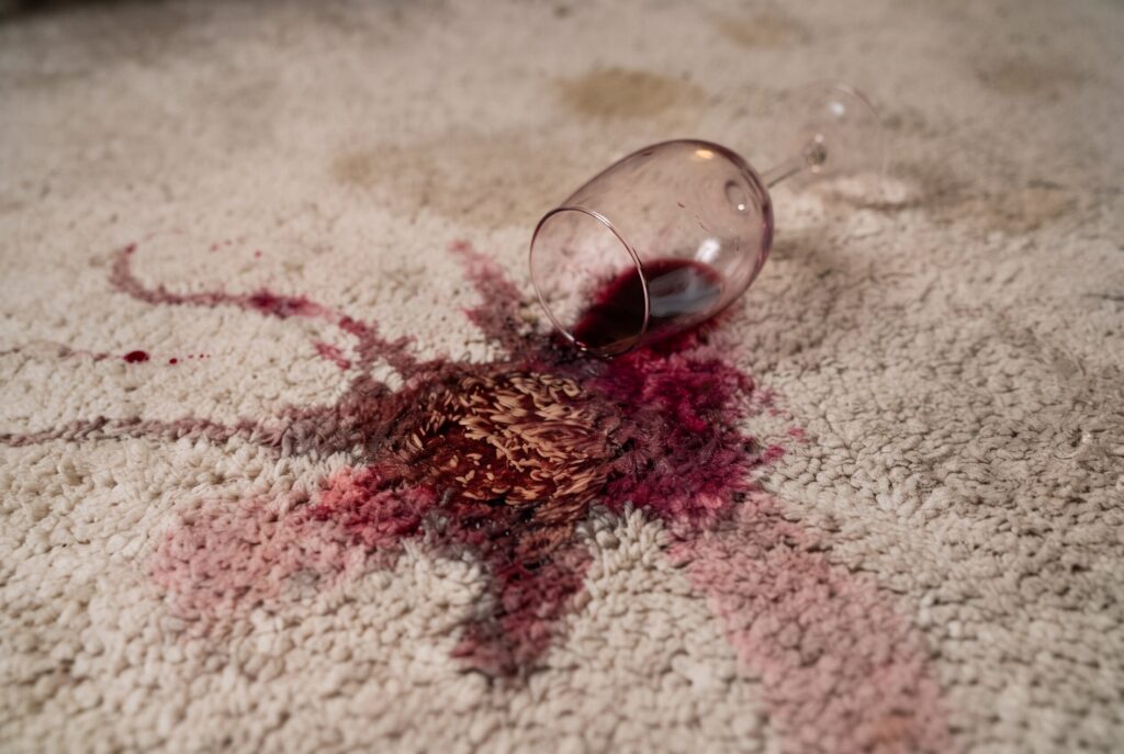 Red wine spilled on a beige carpet, with an overturned glass next to it. 