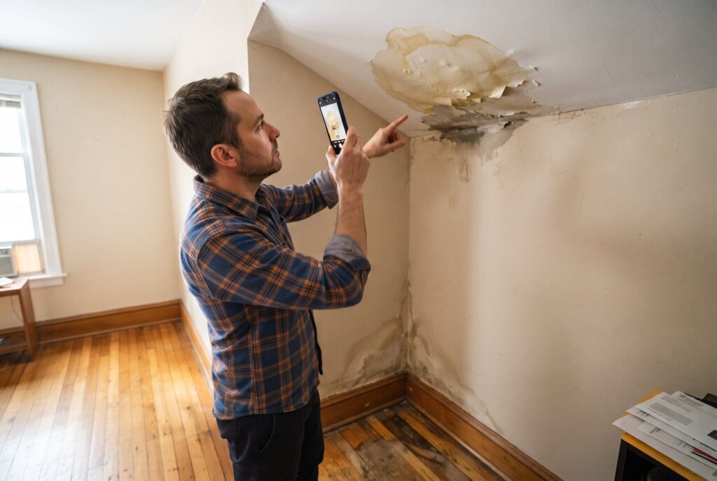 Man taking photo of water damage on ceiling. 
