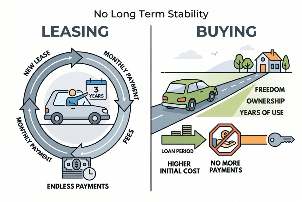 Infographic contrasting leasing's endless payment cycle against buying's loan period leading to car ownership.