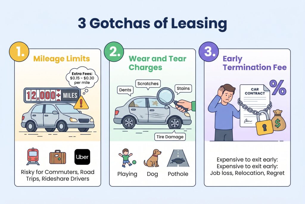 An infographic titled "3 Gotchas of Leasing" highlighting mileage limits, wear and tear charges, and termination fees.